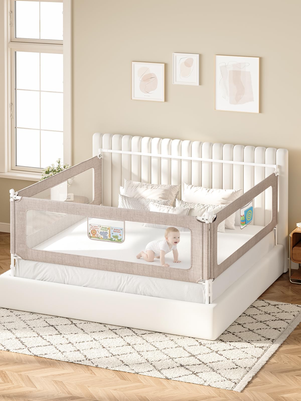 VBABY 3-Piece King Bed Rails show adjustable height for toddlers.