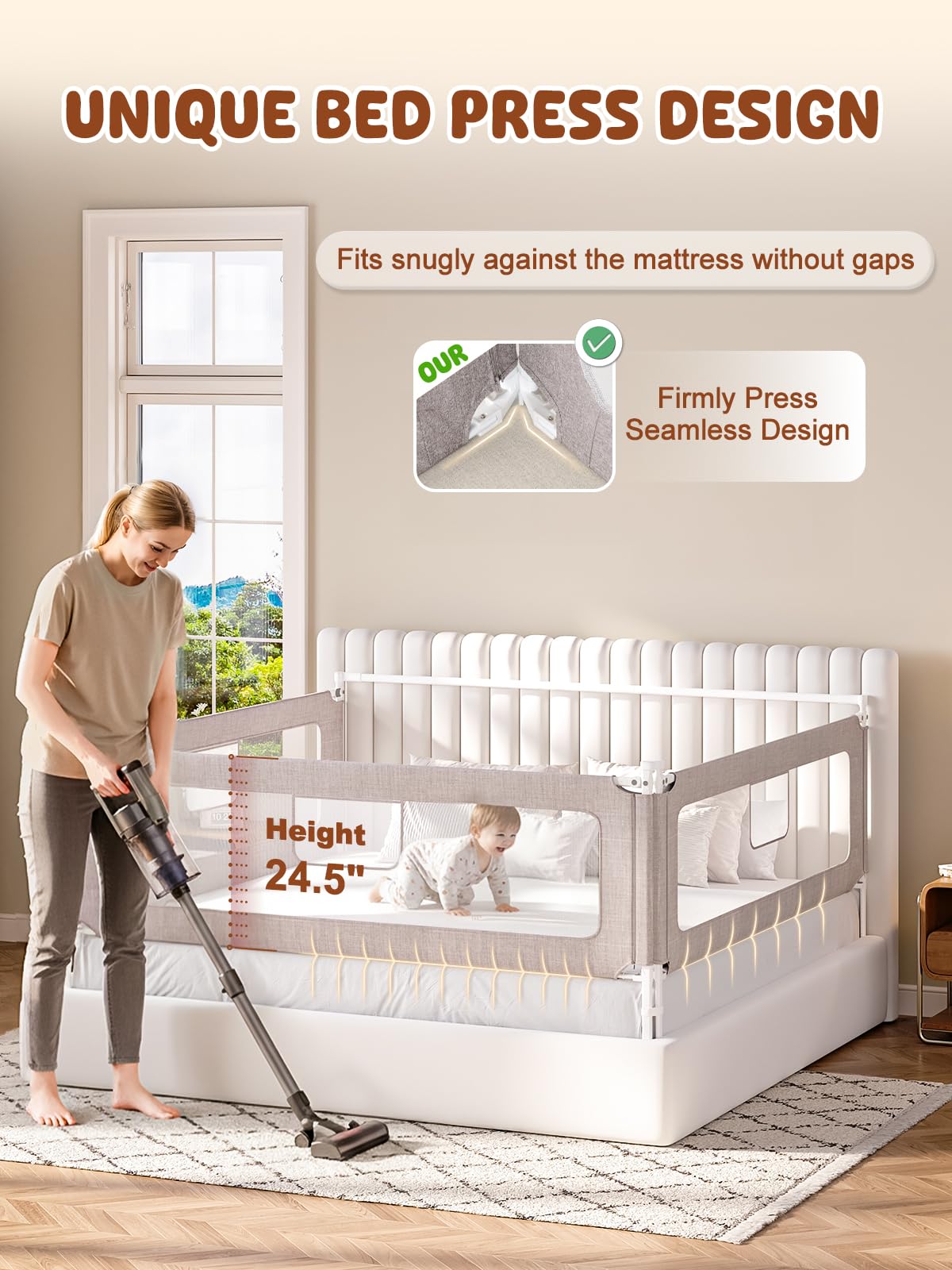 VBABY queen bed rails setup demonstrating gap-free design against mattress.