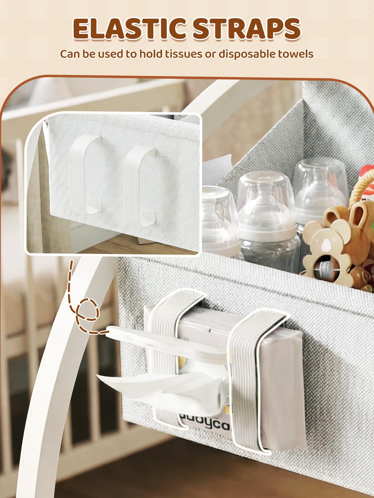 VBABY diaper caddy adjustable compartments organize diapers and clothes.