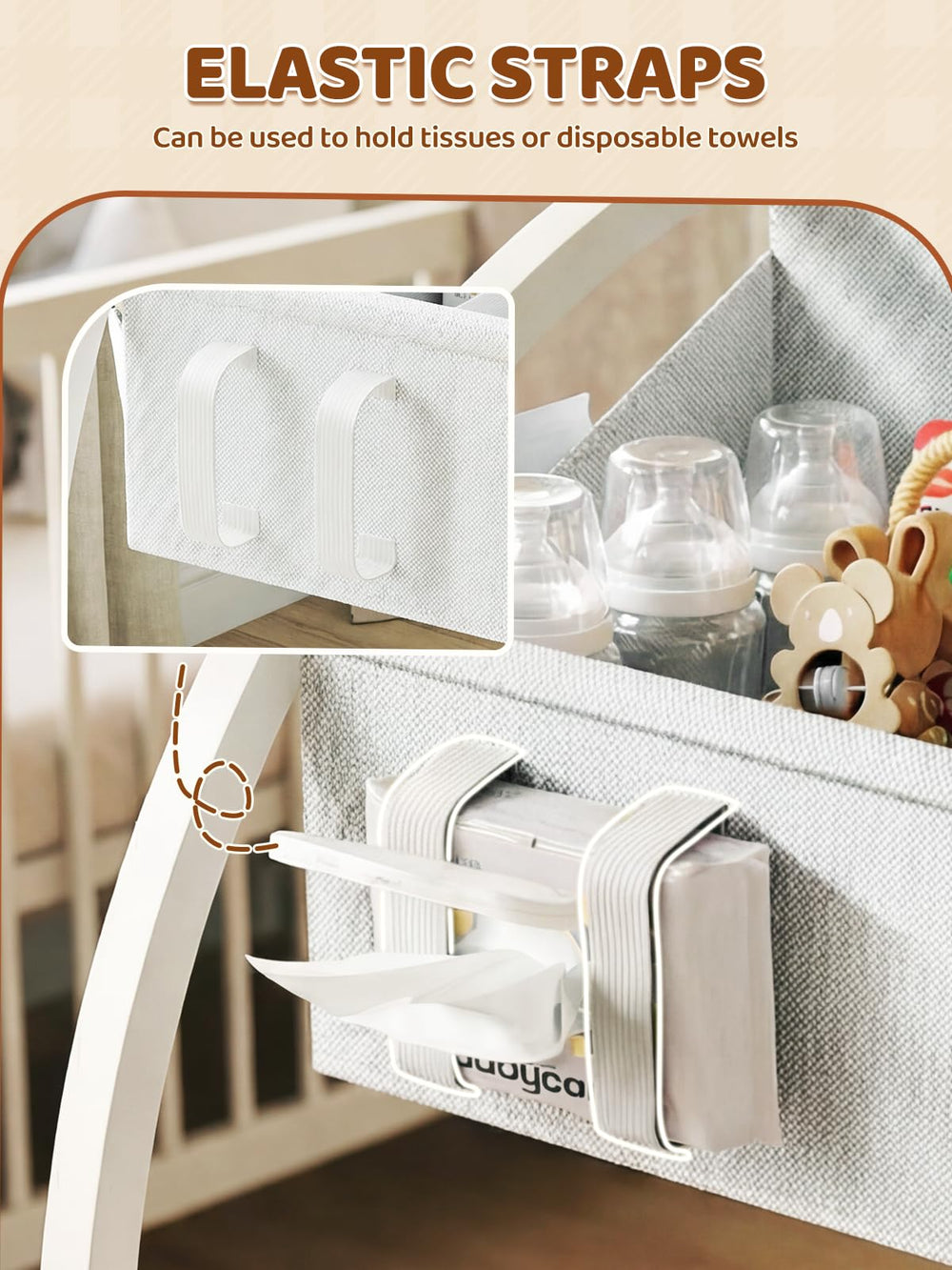 VBABY diaper caddy adjustable compartments organize diapers and clothes.