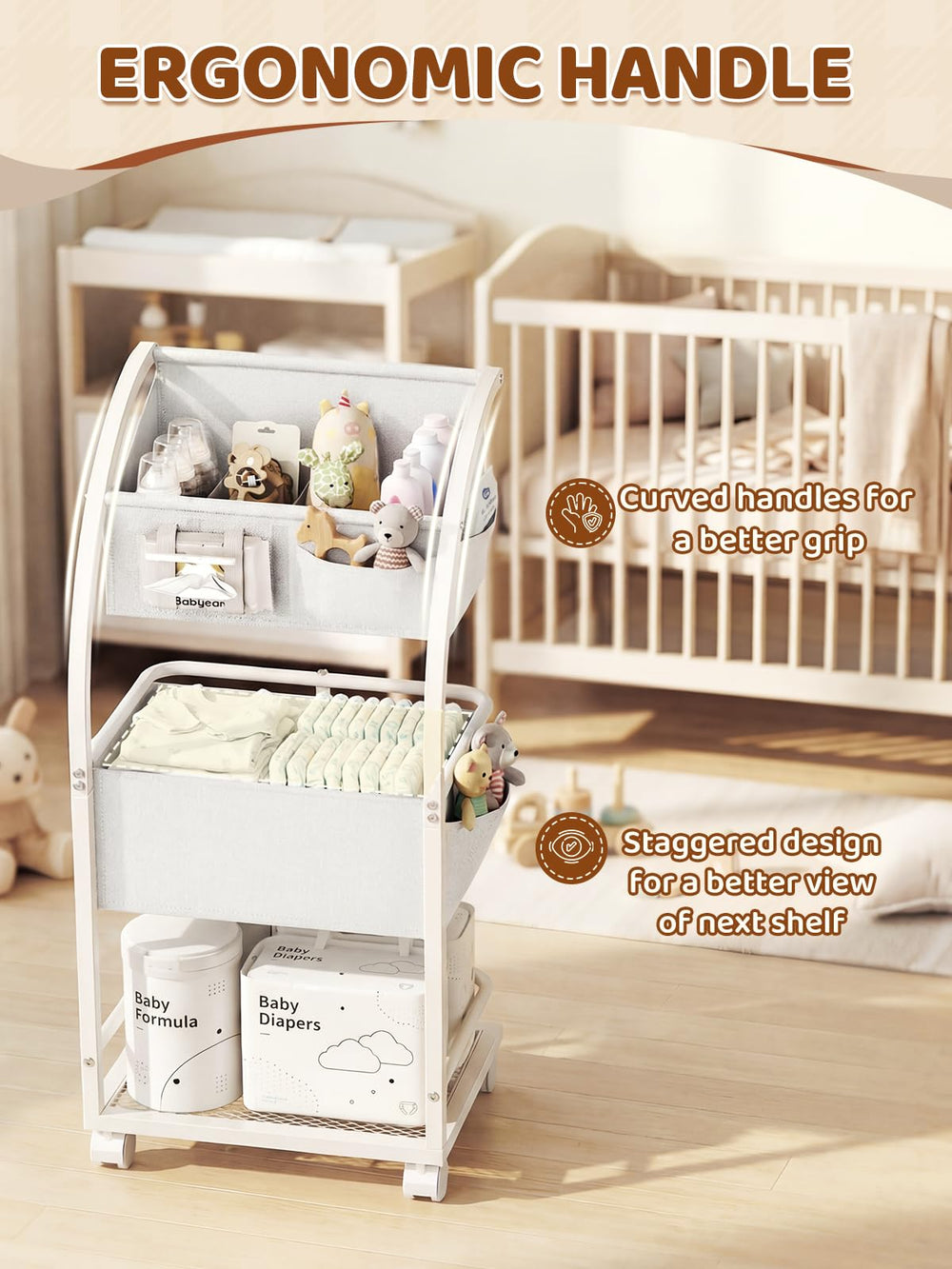 VBABY diaper caddy front pockets and drawstrings keep wipes handy.