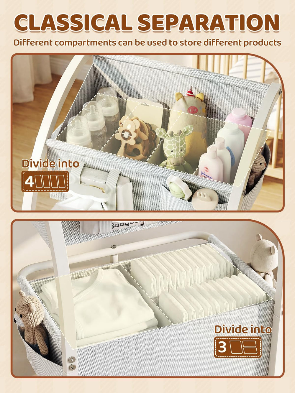 VBABY diaper caddy lockable silent wheels ensure smooth, secure moves.