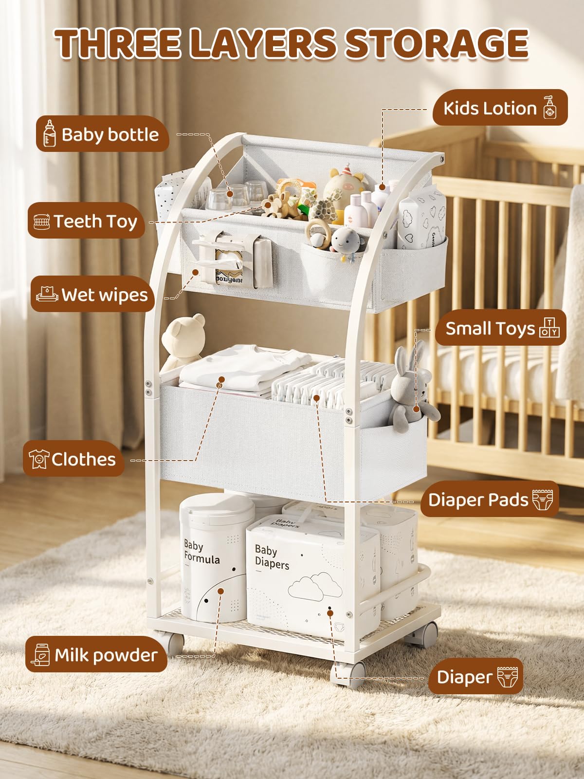 VBABY diaper caddy white finish complements nursery decor.