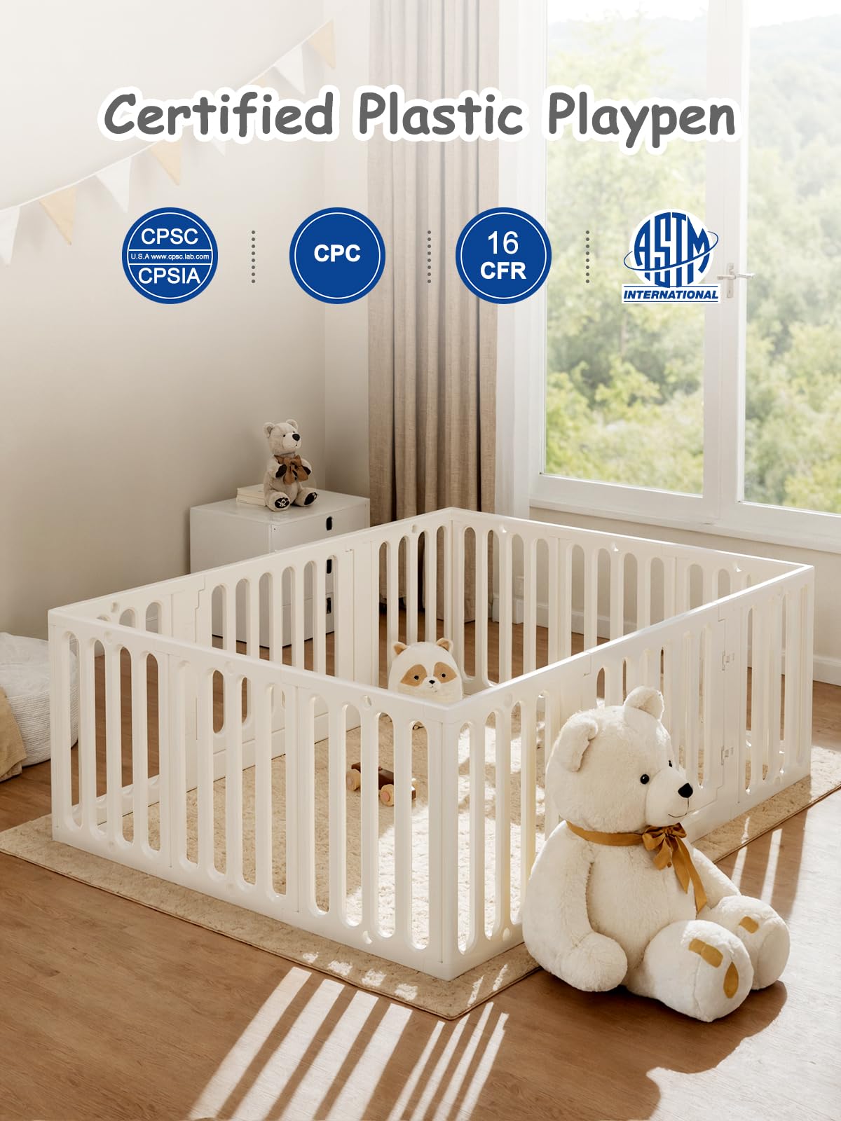 VBABY playpen measures 66x51.6 inches and converts to storage cabinet