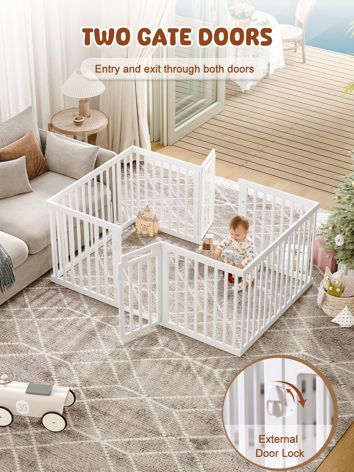 VBABY playpen with multiple configurations to block stairs or encircle a sofa.