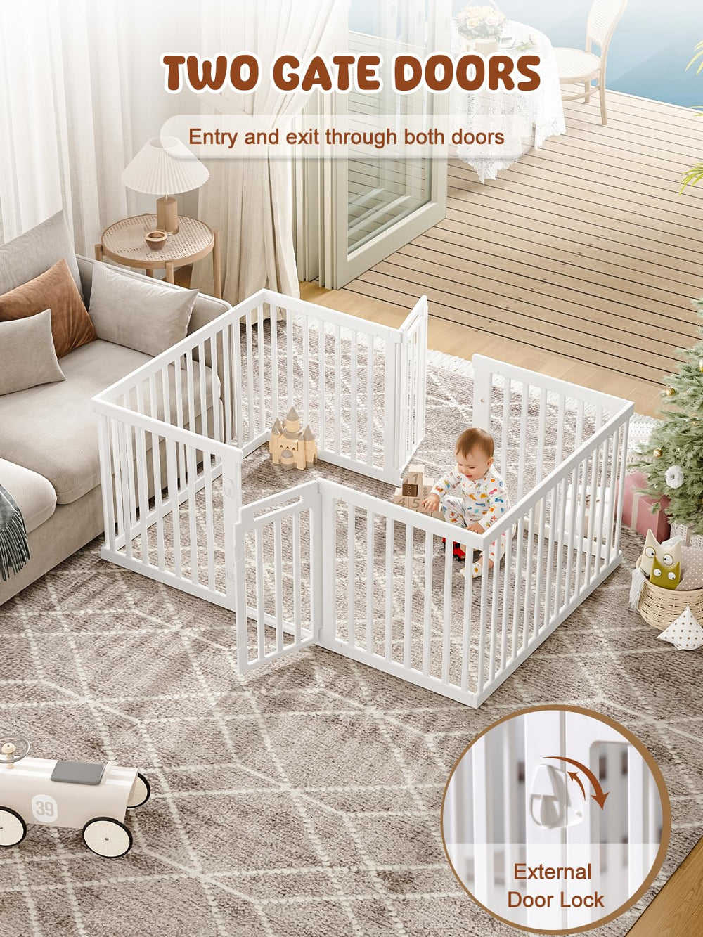 VBABY playpen with multiple configurations to block stairs or encircle a sofa.