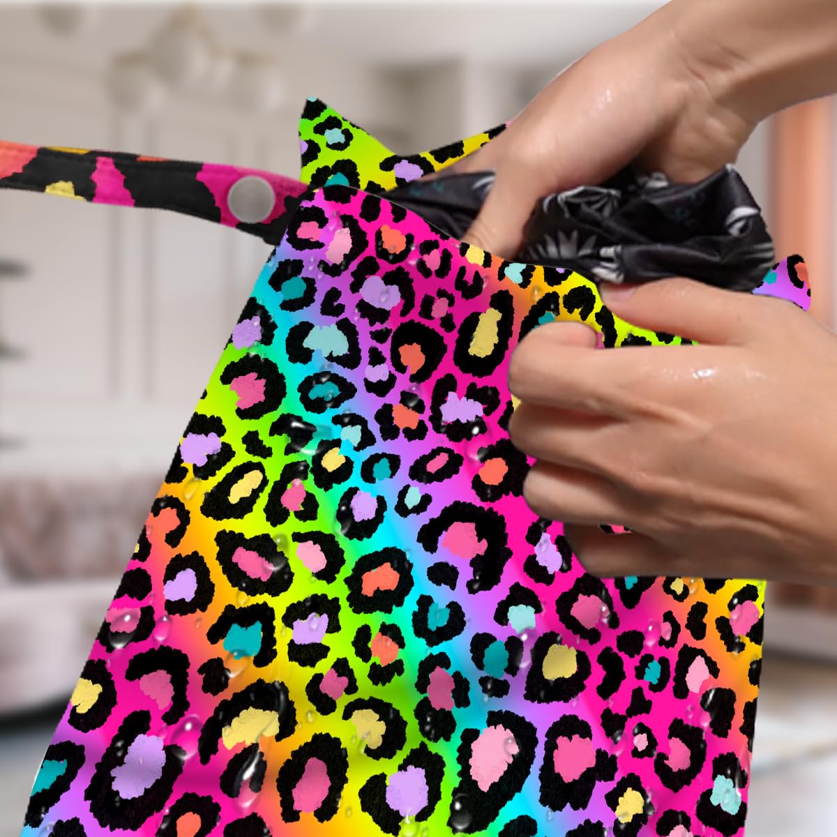 VBCVBGFH rainbow neon leopard wet bag side view for compact packing