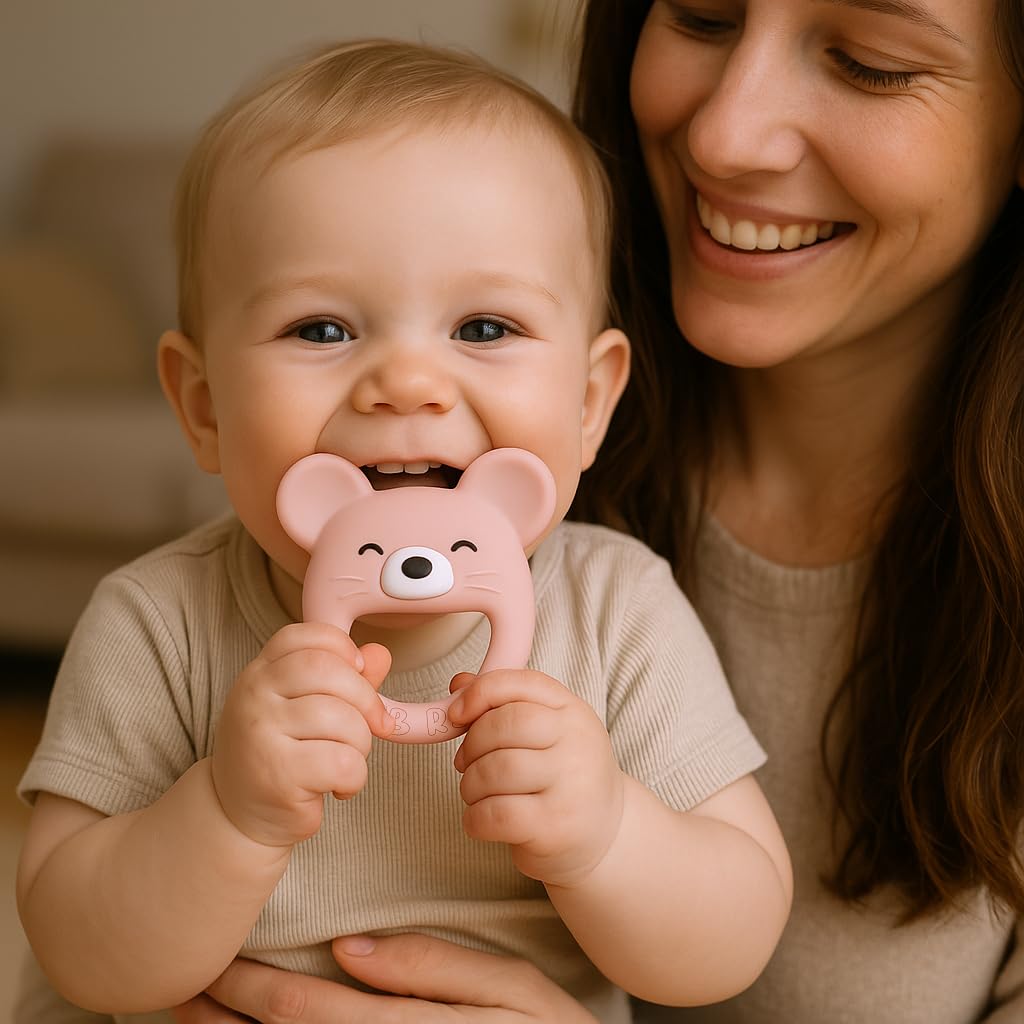 VBRS teether with textured surface and ridges for varied gum pressure relief.