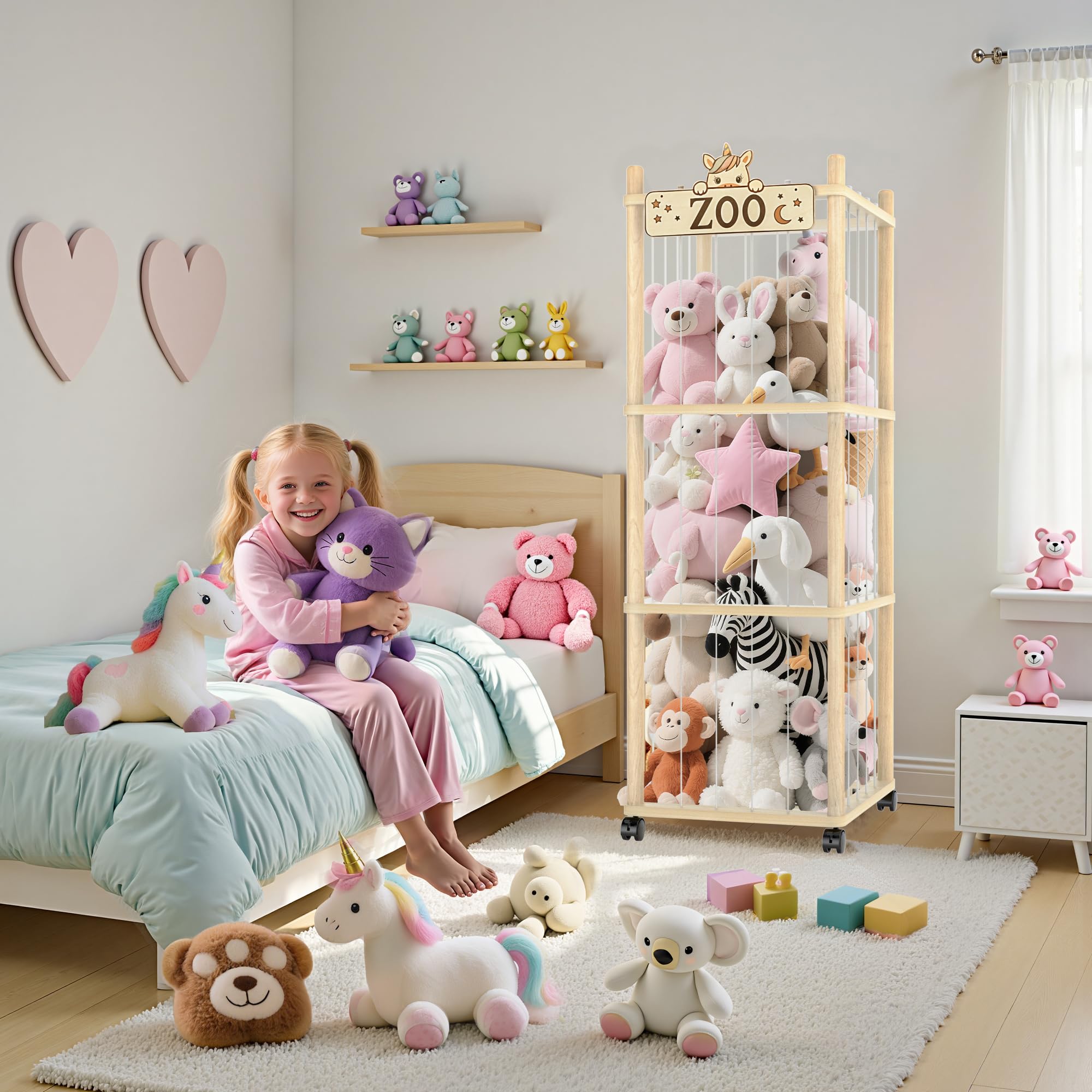 Vecxoty Zoo Tower side profile reveals sturdy pine frame for durable toy organization everyday use