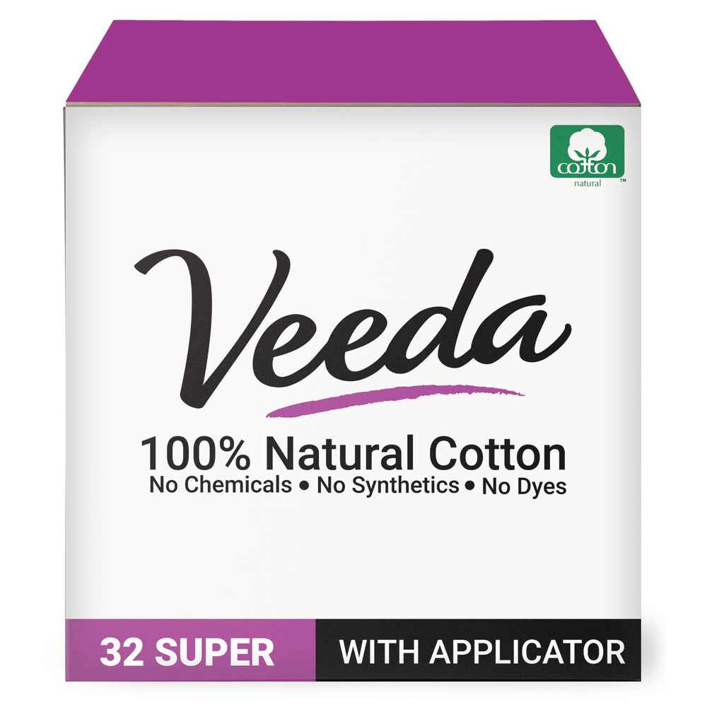 Veeda tampon with 100% GMO-free cotton for purity and natural comfort.