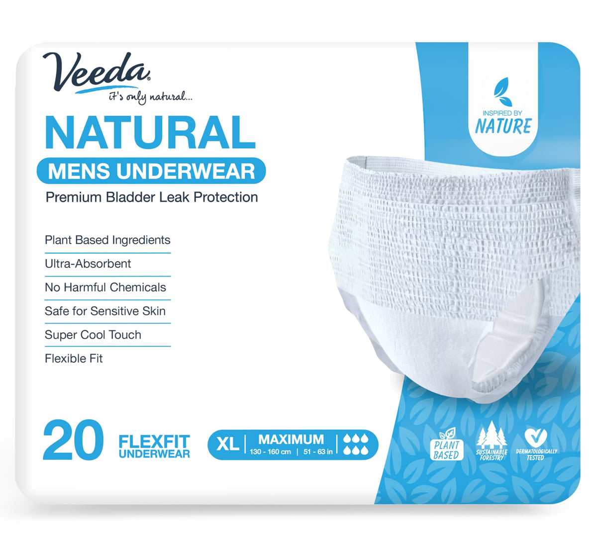 Veeda Natural Underwear for Men pack shot showing discreet protection and plant-based materials