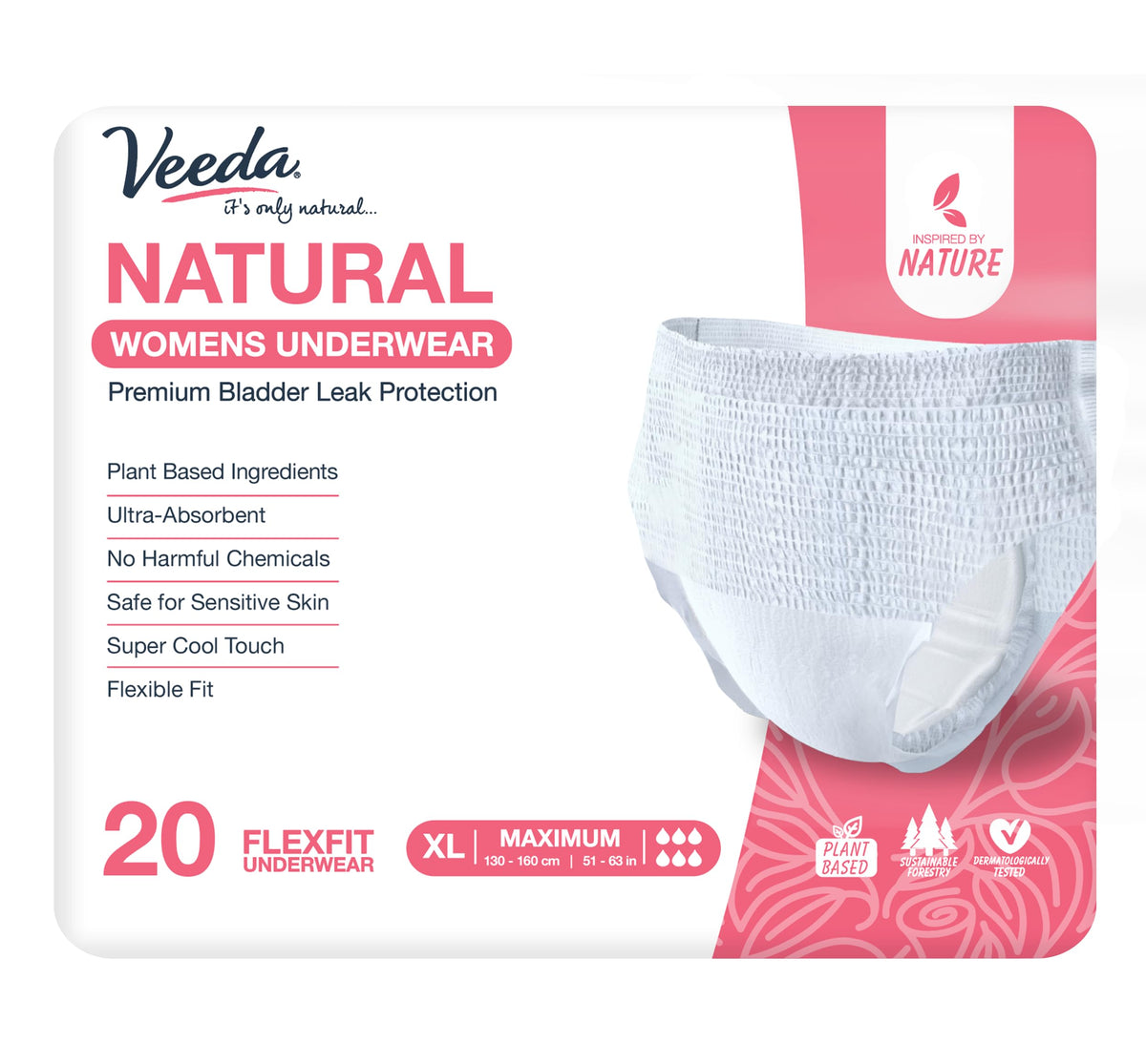 Veeda Natural Underwear packaging highlights eco-friendly materials for discretion.
