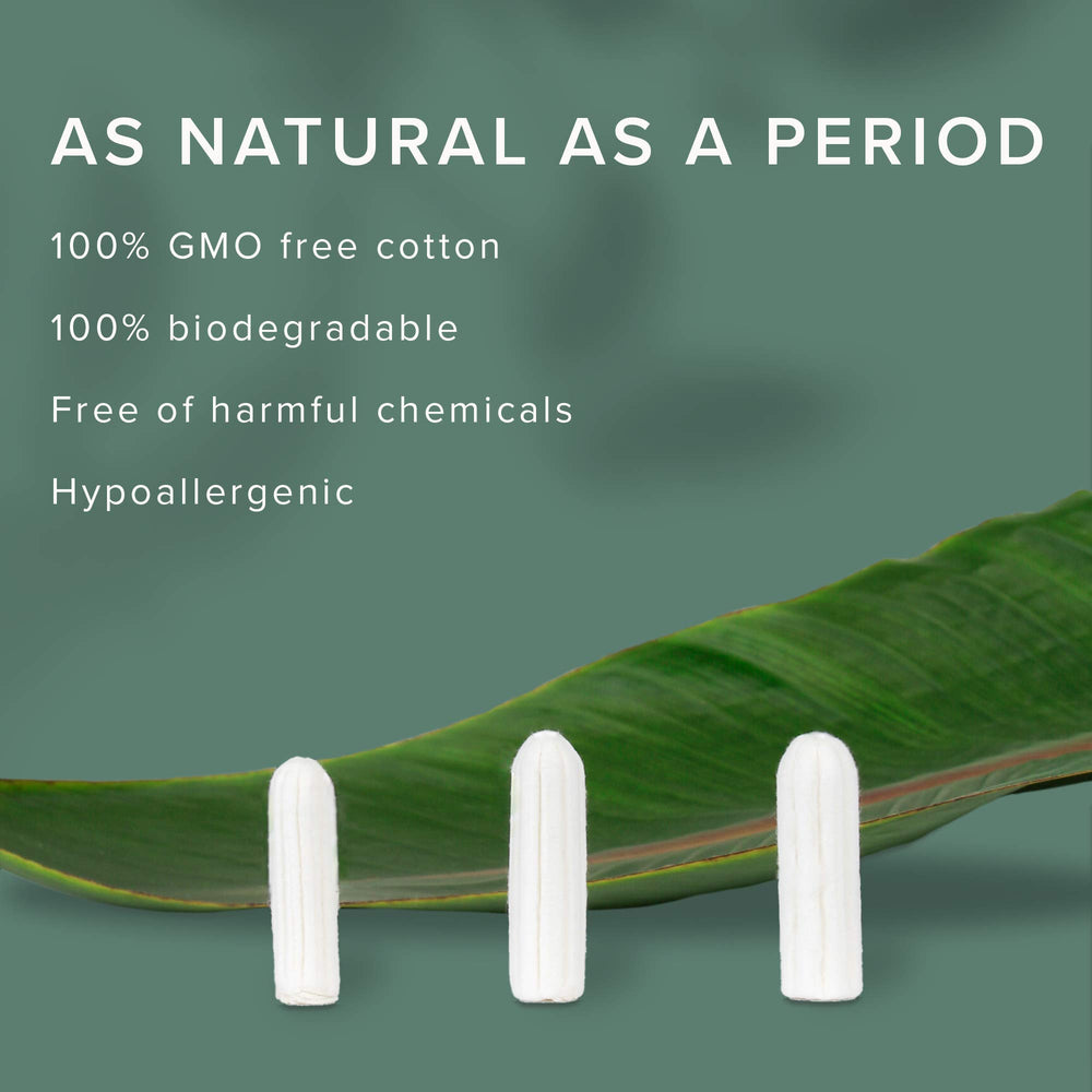Veeda tampons close-up reveals 100% natural cotton texture for purity.