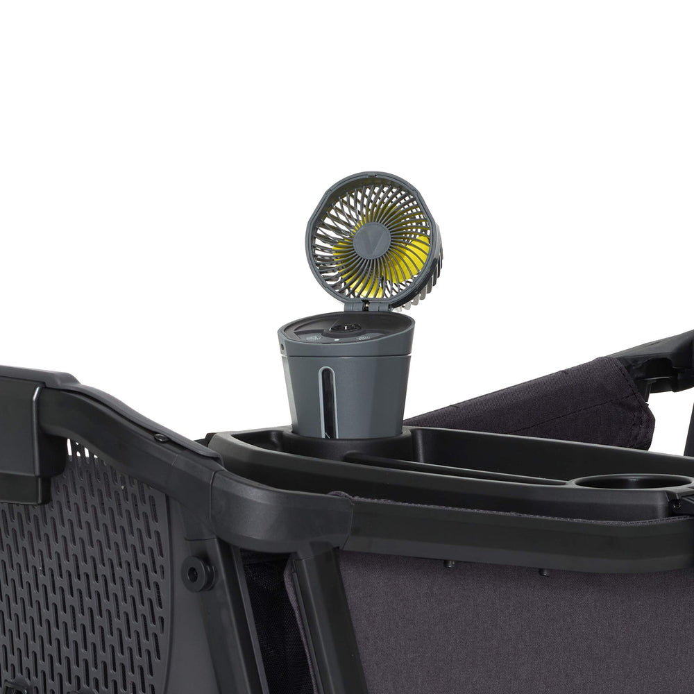 Veer misting fan 10-hour runtime powered by rechargeable battery.