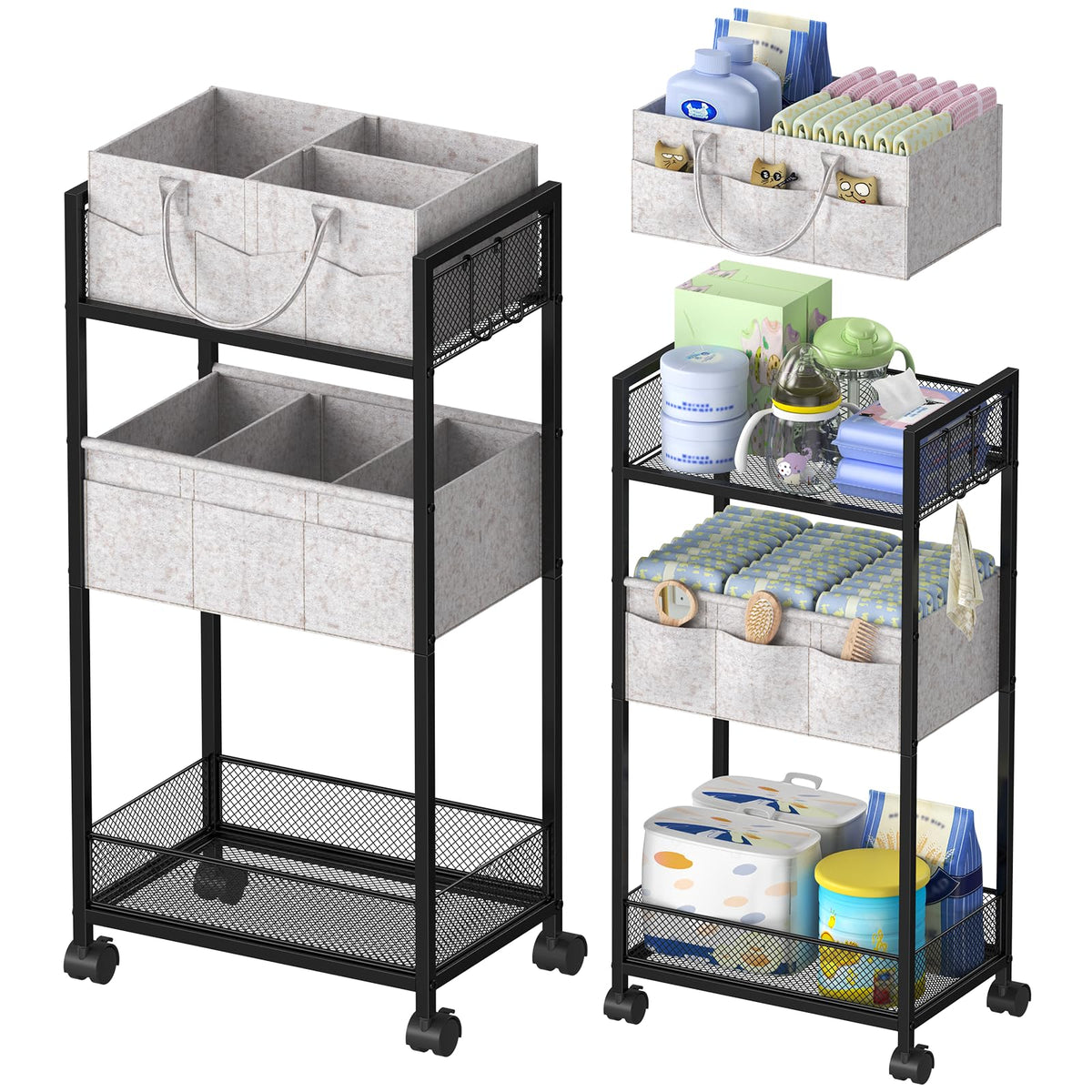 VEESUN 2In1 diaper cart top layer detachable for easy transport and quick access.