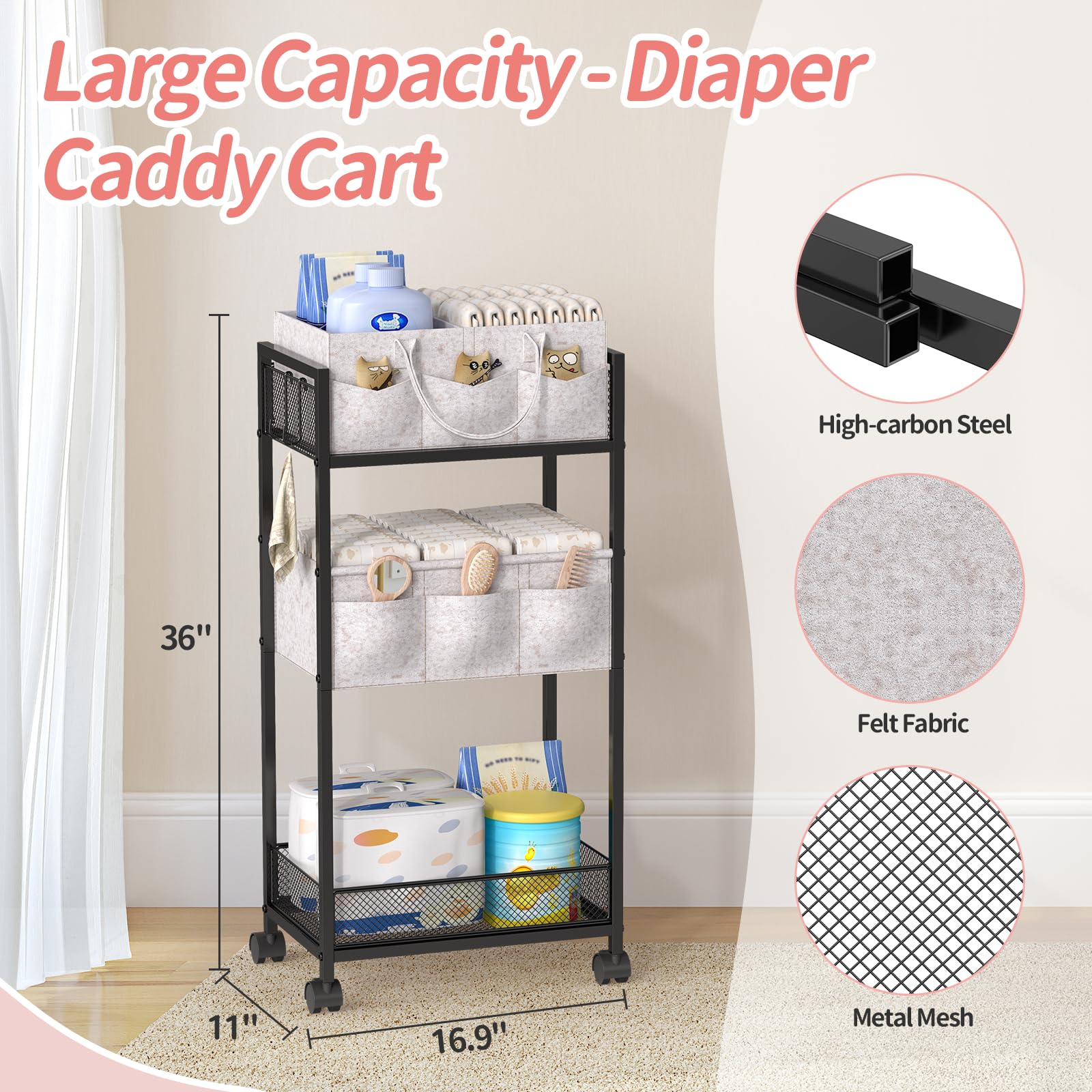VEESUN 3-tier diaper caddy on wheels keeps nursery essentials organized and accessible.