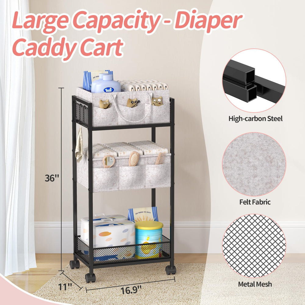 VEESUN 3-tier diaper caddy on wheels keeps nursery essentials organized and accessible.