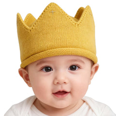 VEICOSTT knit crown headband in yellow, soft and non-slip for baby photo moments.