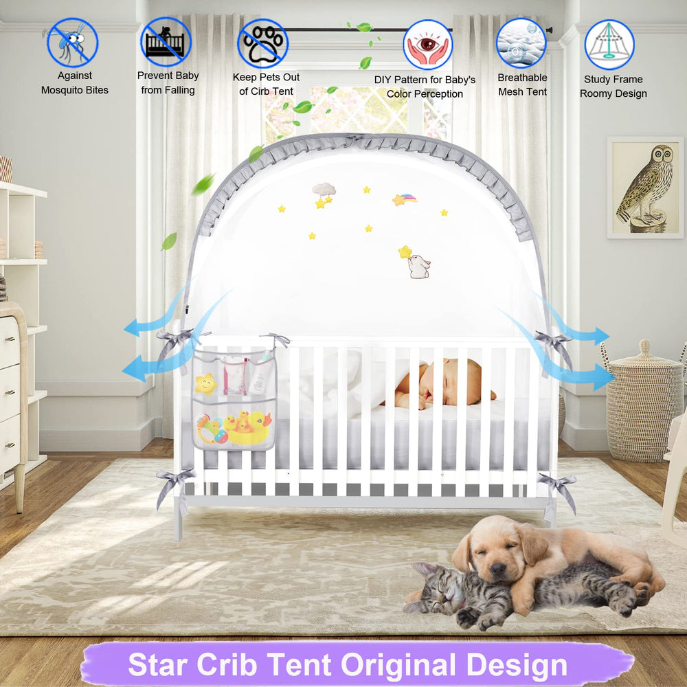 VEIZXUN crib tent keeps pets out of the crib area.