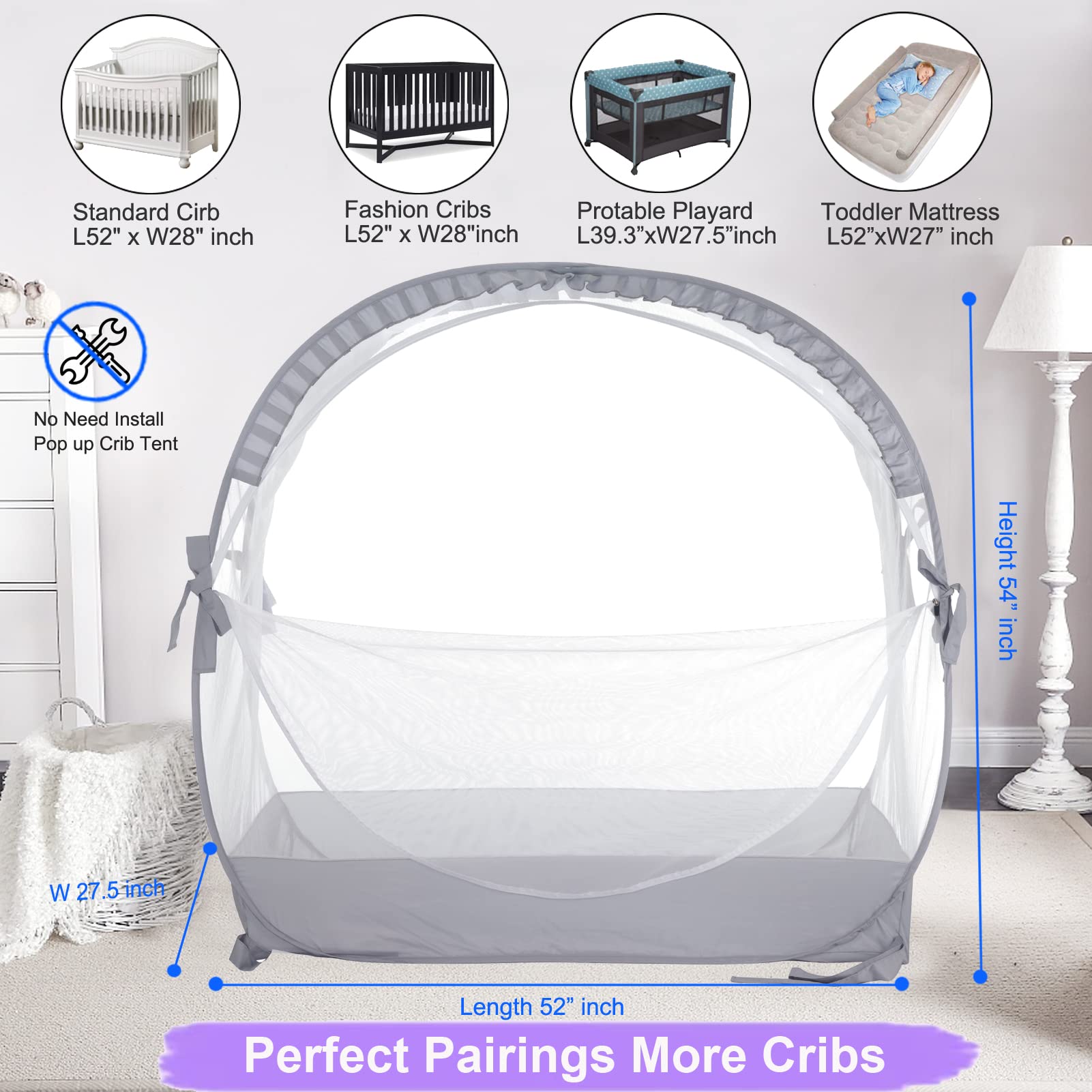 VEIZXUN crib tent standard-crib fit fits most standard cribs.