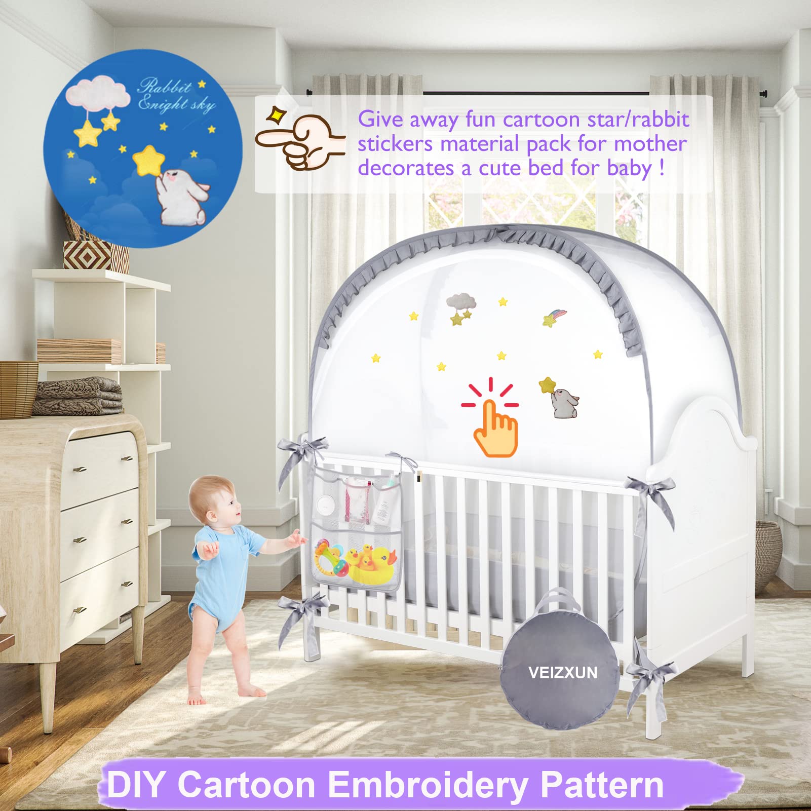 VEIZXUN crib tent sturdy brackets ensure a secure setup.