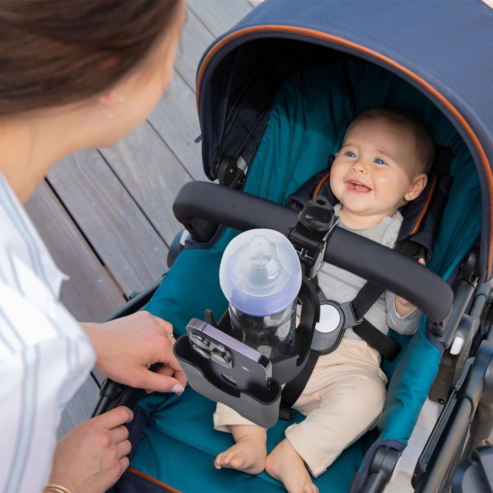 Vekniqo stroller phone holder demonstrates 2-in-1 design for calls and drinks.