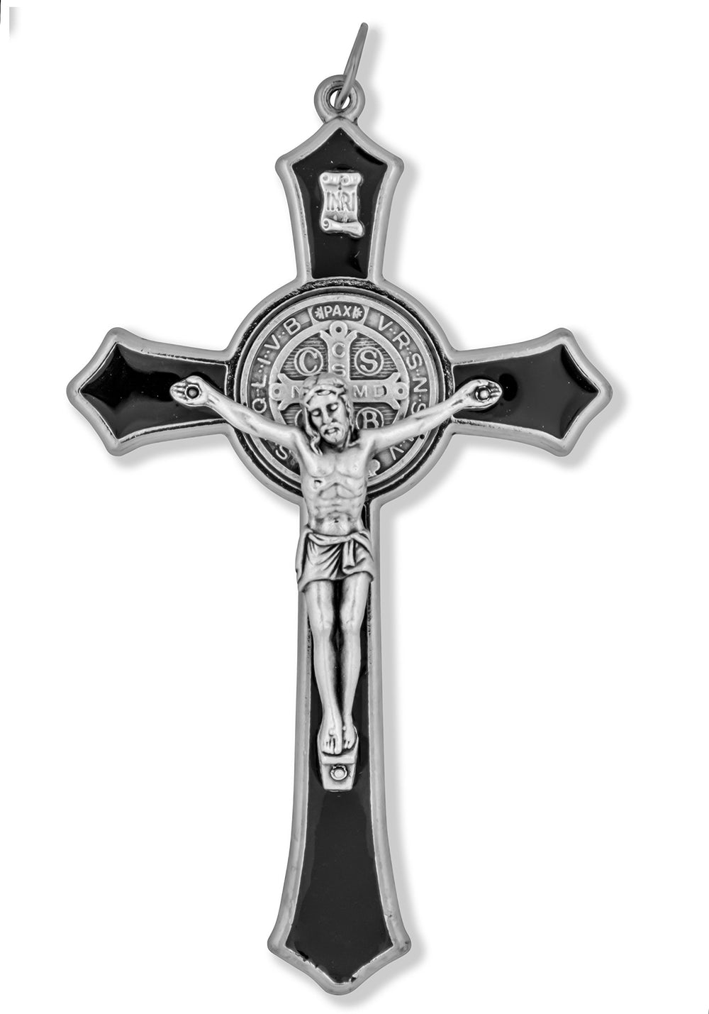 Venerare Saint Benedict cross enamel black front view, ideal for church ceremonies.