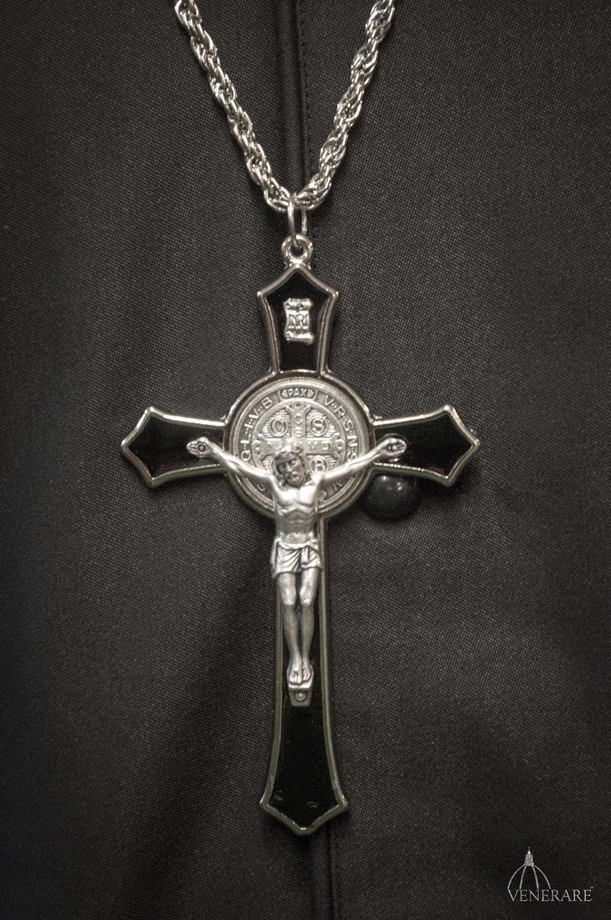 Venerare Saint Benedict cross enamel black packaging box included for gifting.