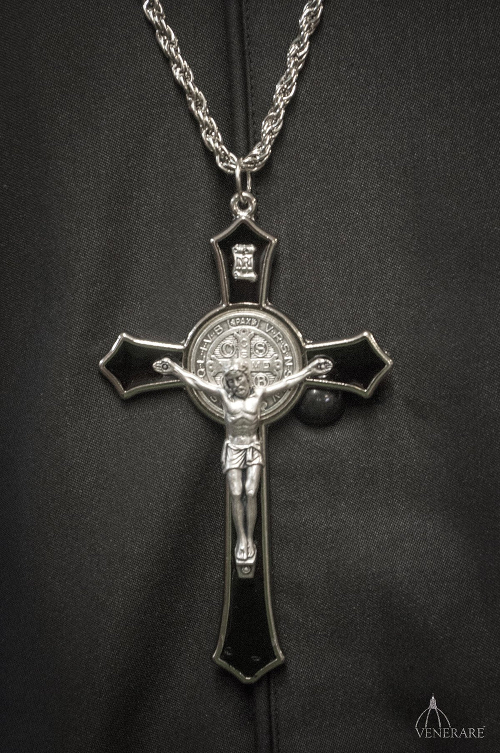 Venerare Saint Benedict cross enamel black packaging box included for gifting.