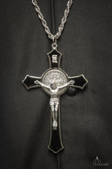 Venerare Saint Benedict cross enamel black packaging box included for gifting.