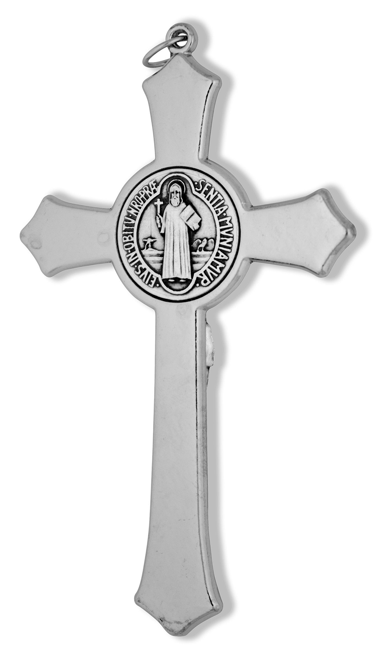 Venerare Saint Benedict cross enamel black side view, bold devotional presence.