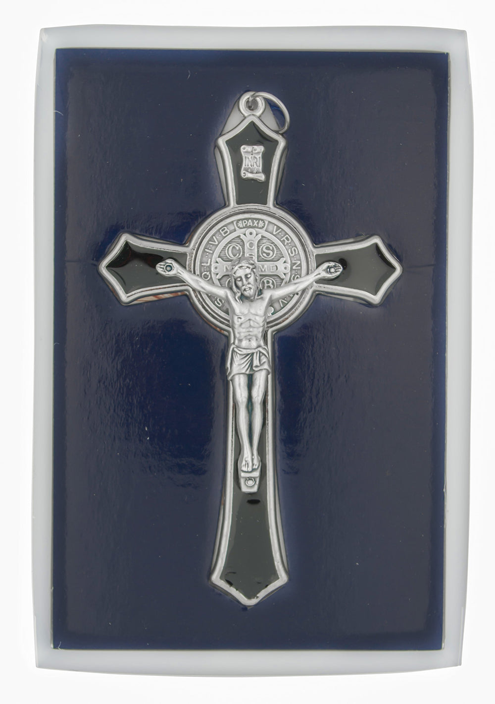 Venerare Saint Benedict cross enamel black worn on chest, daily reminder.