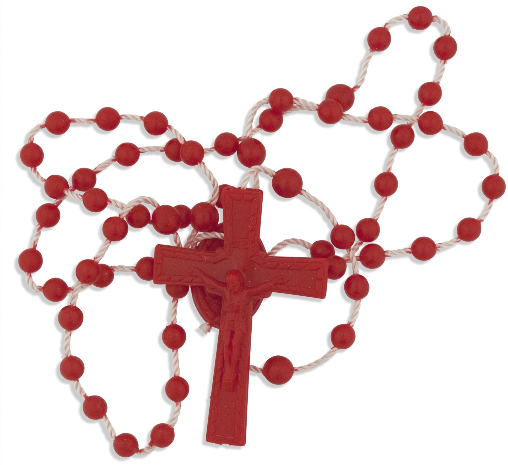 Venerare rosary closeup shows durable plastic beads and sturdy crucifix.