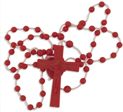 Venerare rosary closeup shows durable plastic beads and sturdy crucifix.