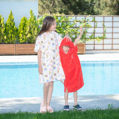 Venice Surf Club hooded towel shows front pocket for goggles and snacks