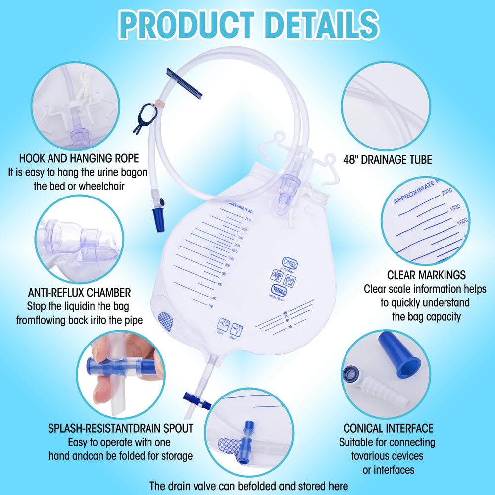 Ventro Vykor 2000ml urine bag highlighting large capacity for fewer changes.