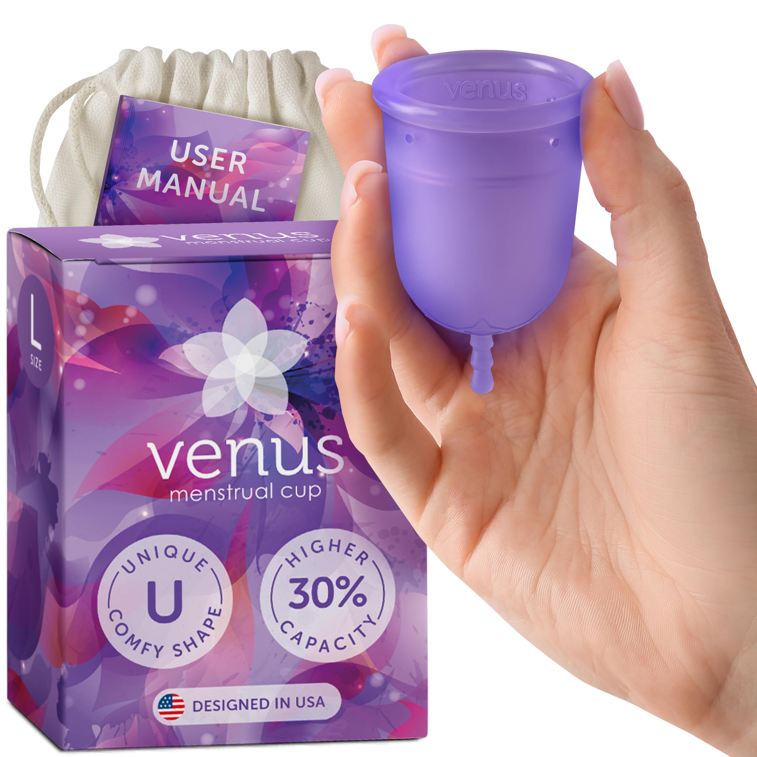 Venus menstrual cup large overview highlighting its reusable design for heavy flow and long wear.