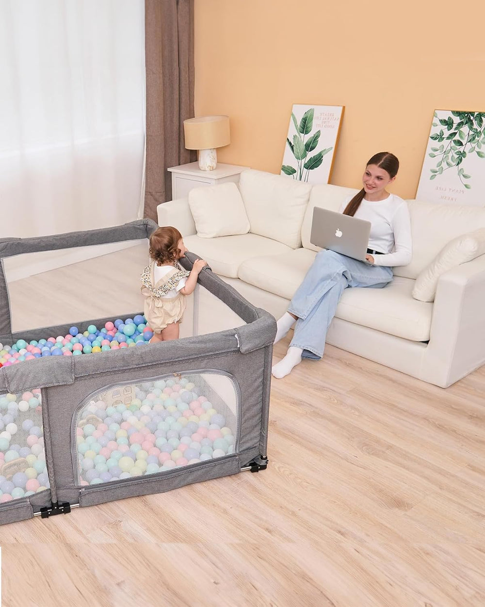 Veraste foldable playpen showcasing waterproof mat for easy cleanup.