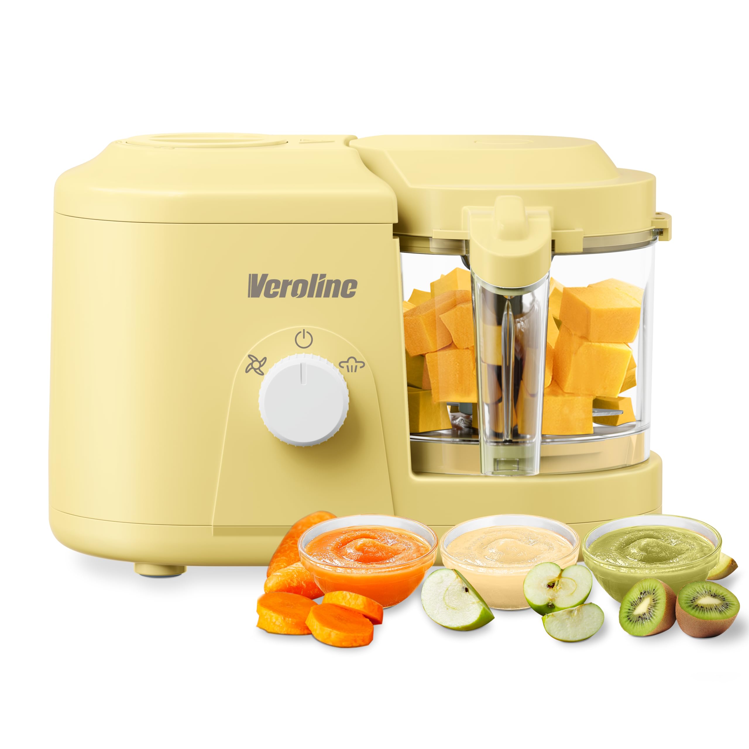 Veroline baby food maker with one-button rotate control for easy steaming and blending.