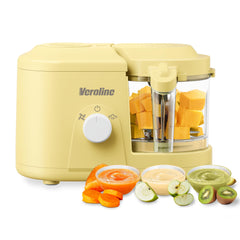 Veroline baby food maker with one-button rotate control for easy steaming and blending.