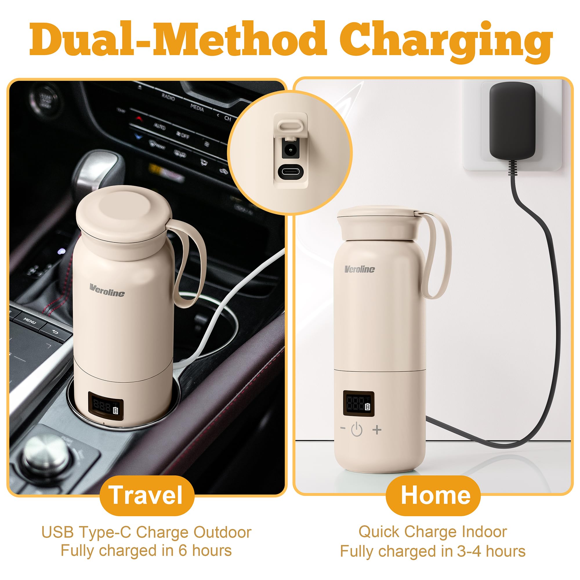 Veroline stainless steel body with leak-proof lid for travel use.