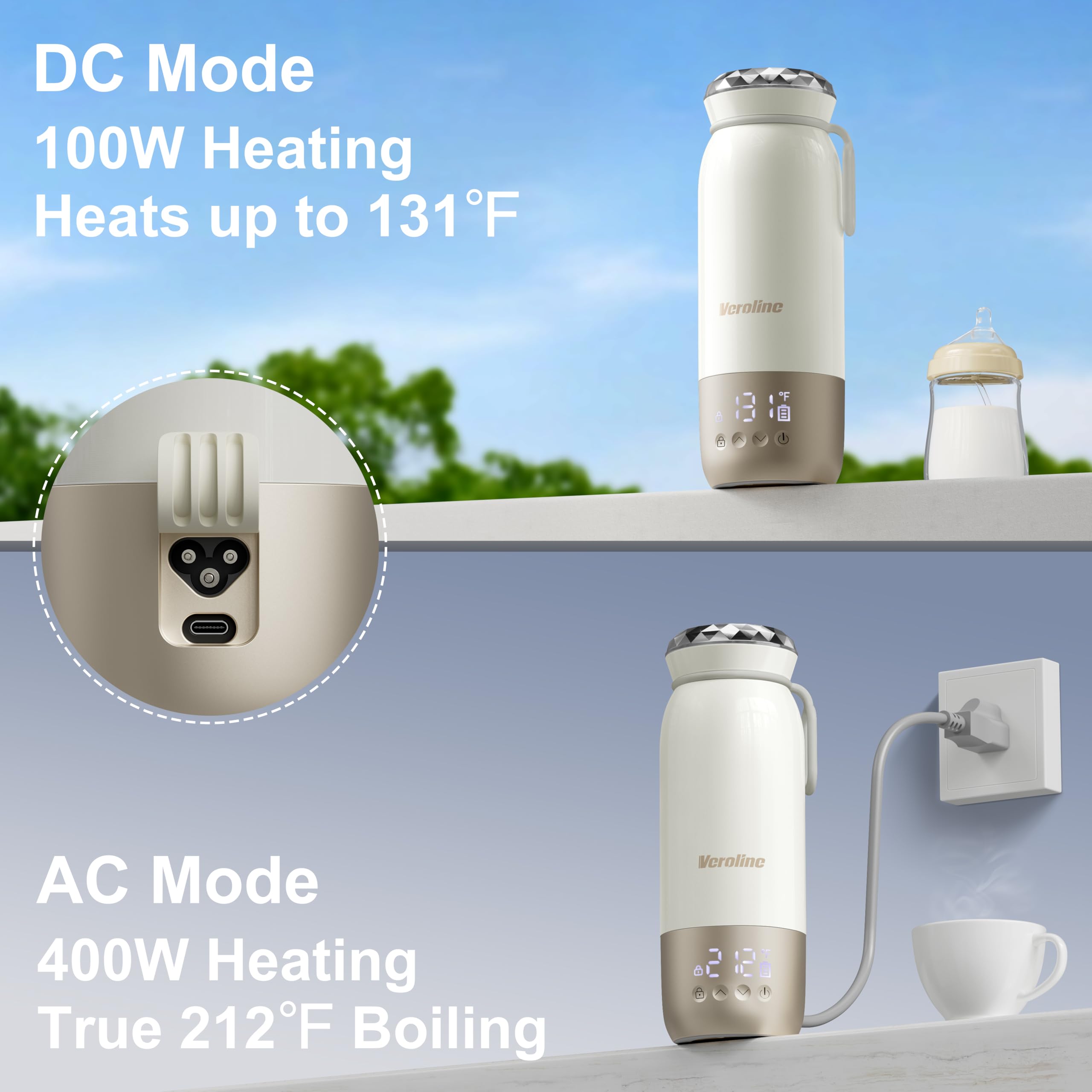 Veroline bottle warmer heat range 98–212°F for formula and hot drinks