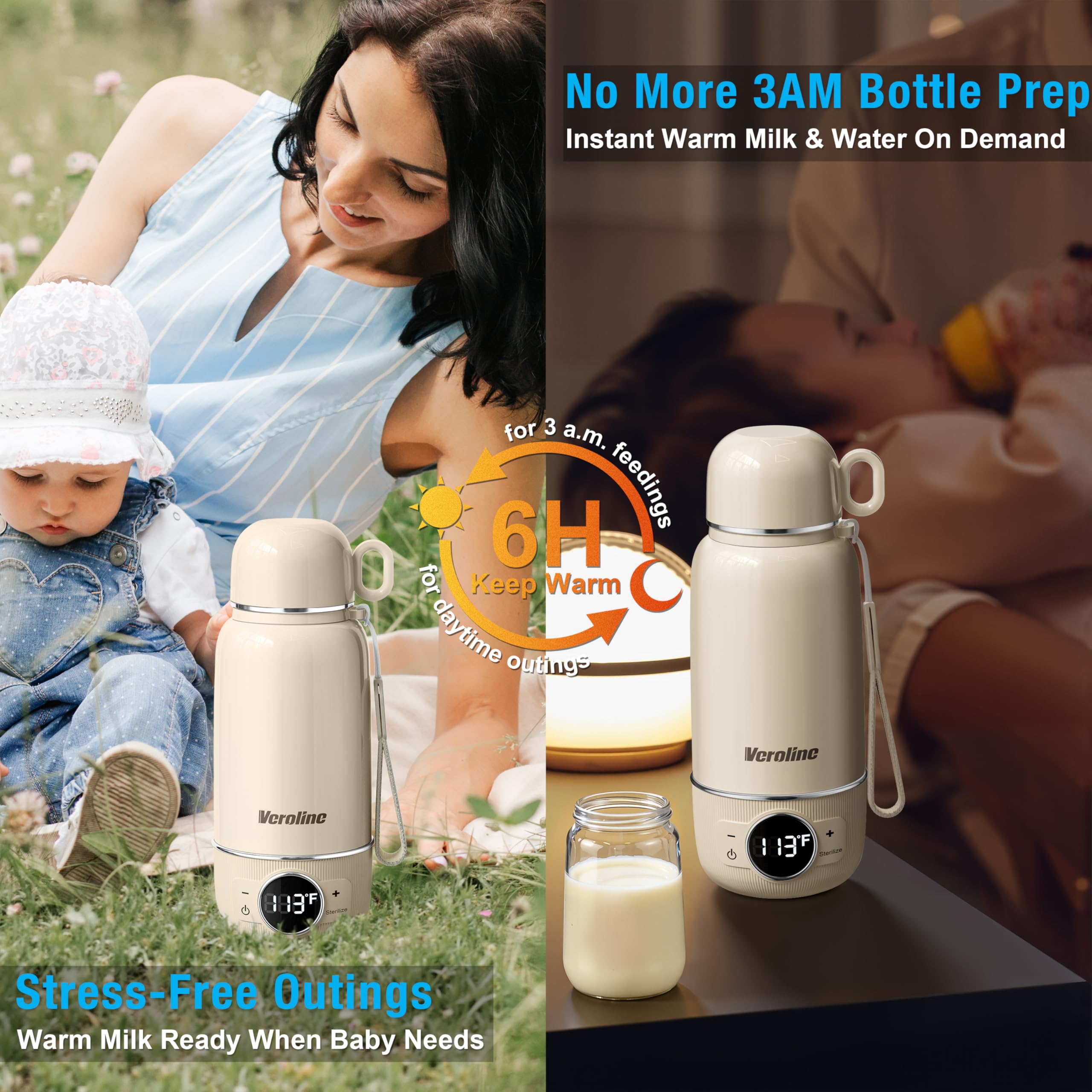Veroline travel-friendly warmer works with car outlets during trips.