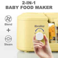 Veroline yellow baby food steamer and blender in compact kitchen setup.