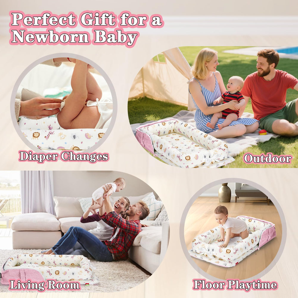 VerveBaby adjustable size lounger grows with baby for longer use.