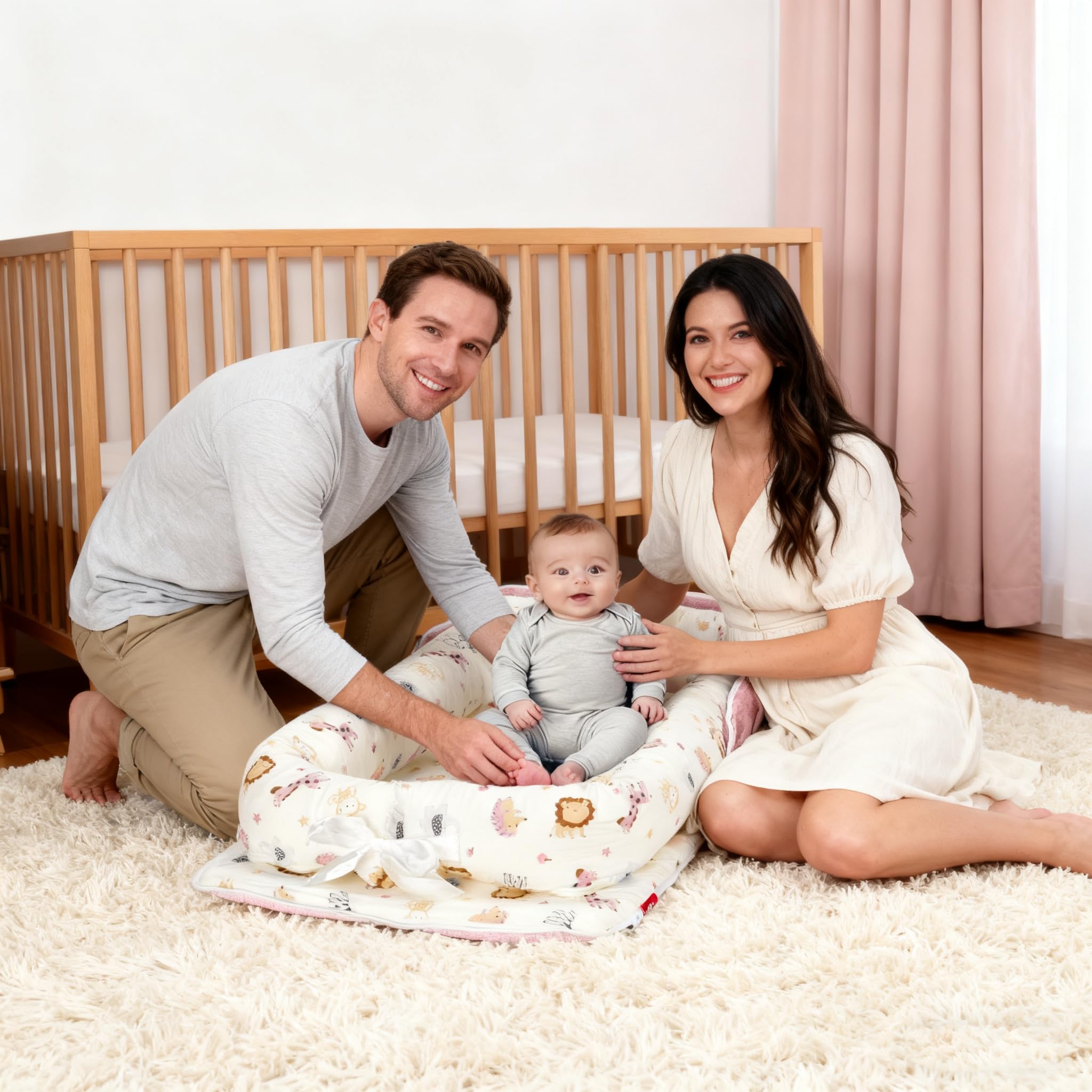 VerveBaby baby lounger with strap side view, portable for travel and home.