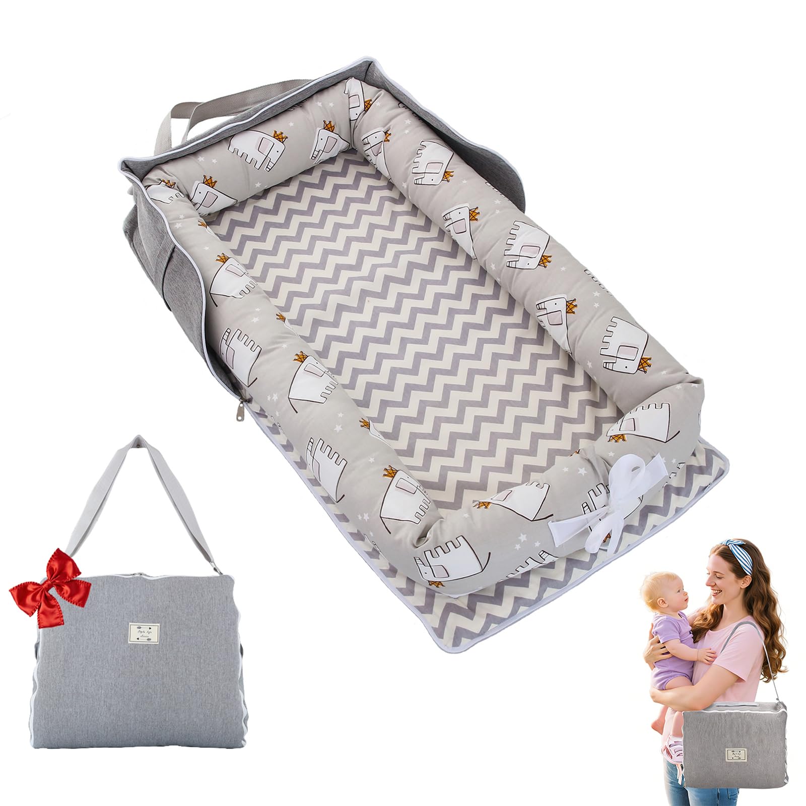 VerveBaby Little Elephant Grey Lounger closeup shows soft cotton fabric ideal for sensitive baby skin.