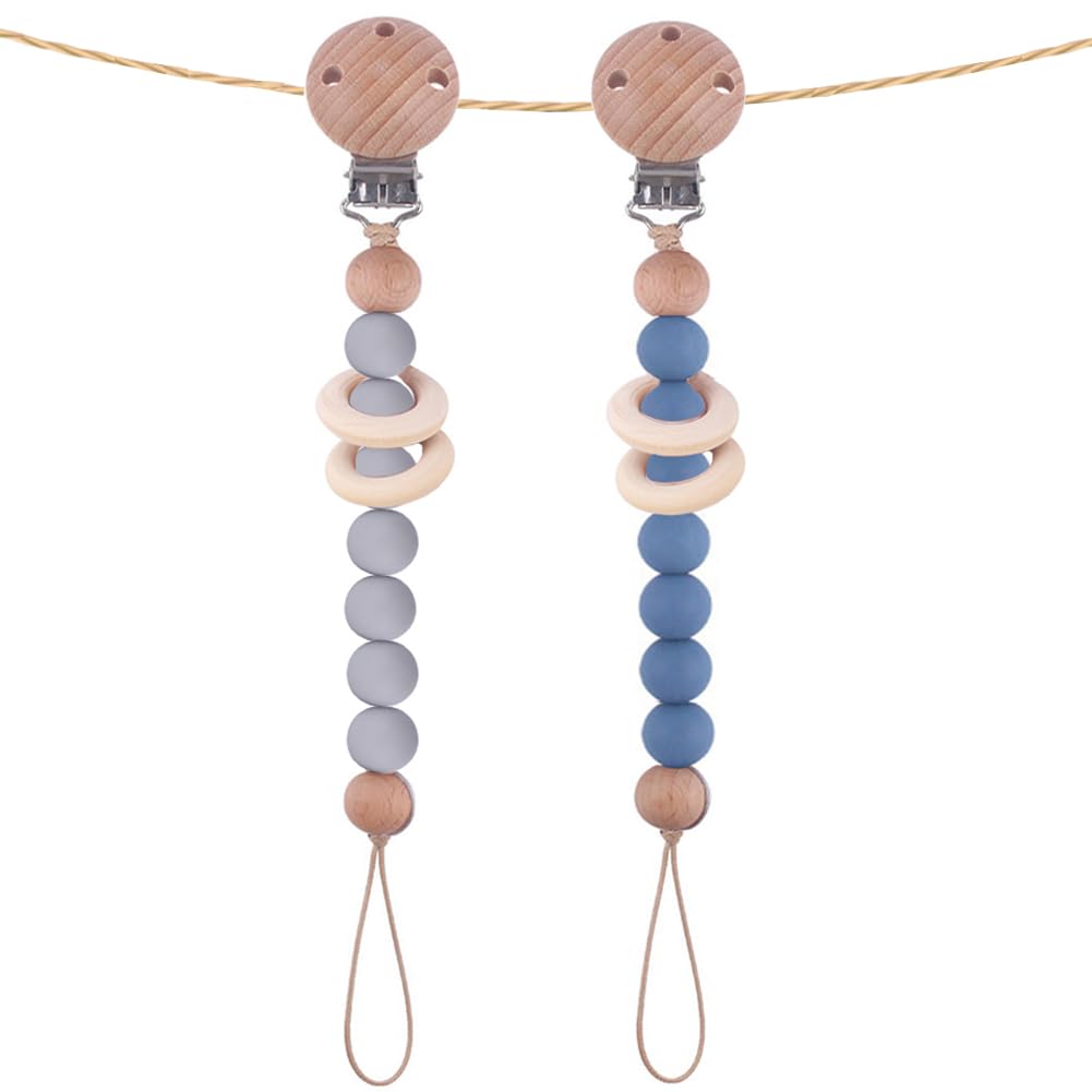 Verxcty pacifier clip with natural wood ring in grey for secure on-the-go use