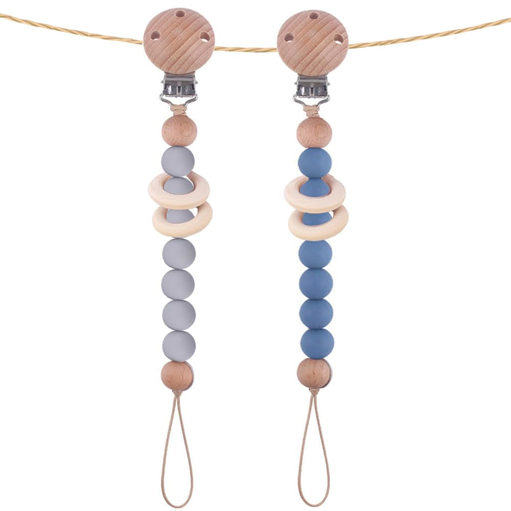 Verxcty pacifier clip with natural wood ring in grey for secure on-the-go use