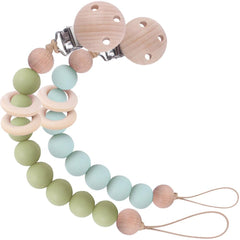 Verxcty pacifier clip with wooden rings keeps pacifier secure and clean.